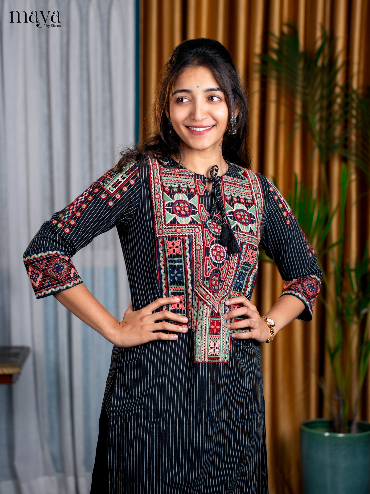 Black Cotton 2pc Embroidered Salwar Suit - Top & Bottom