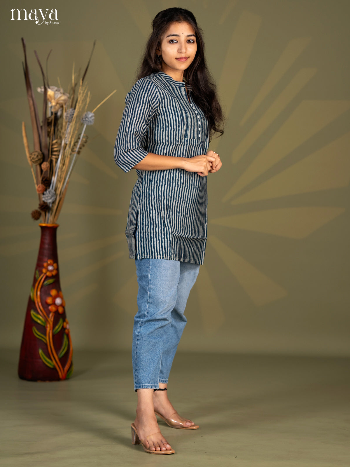 Peacock Blue Strip Printed Cotton Straight Short Kurta