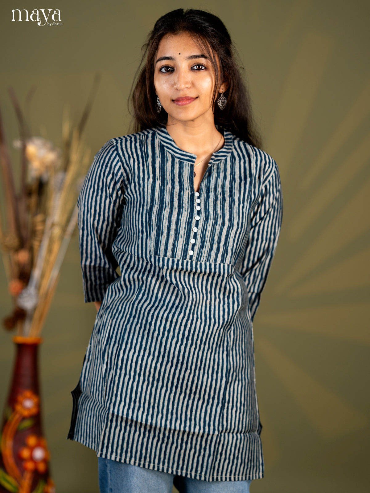 Peacock Blue Strip Printed Cotton Straight Short Kurta