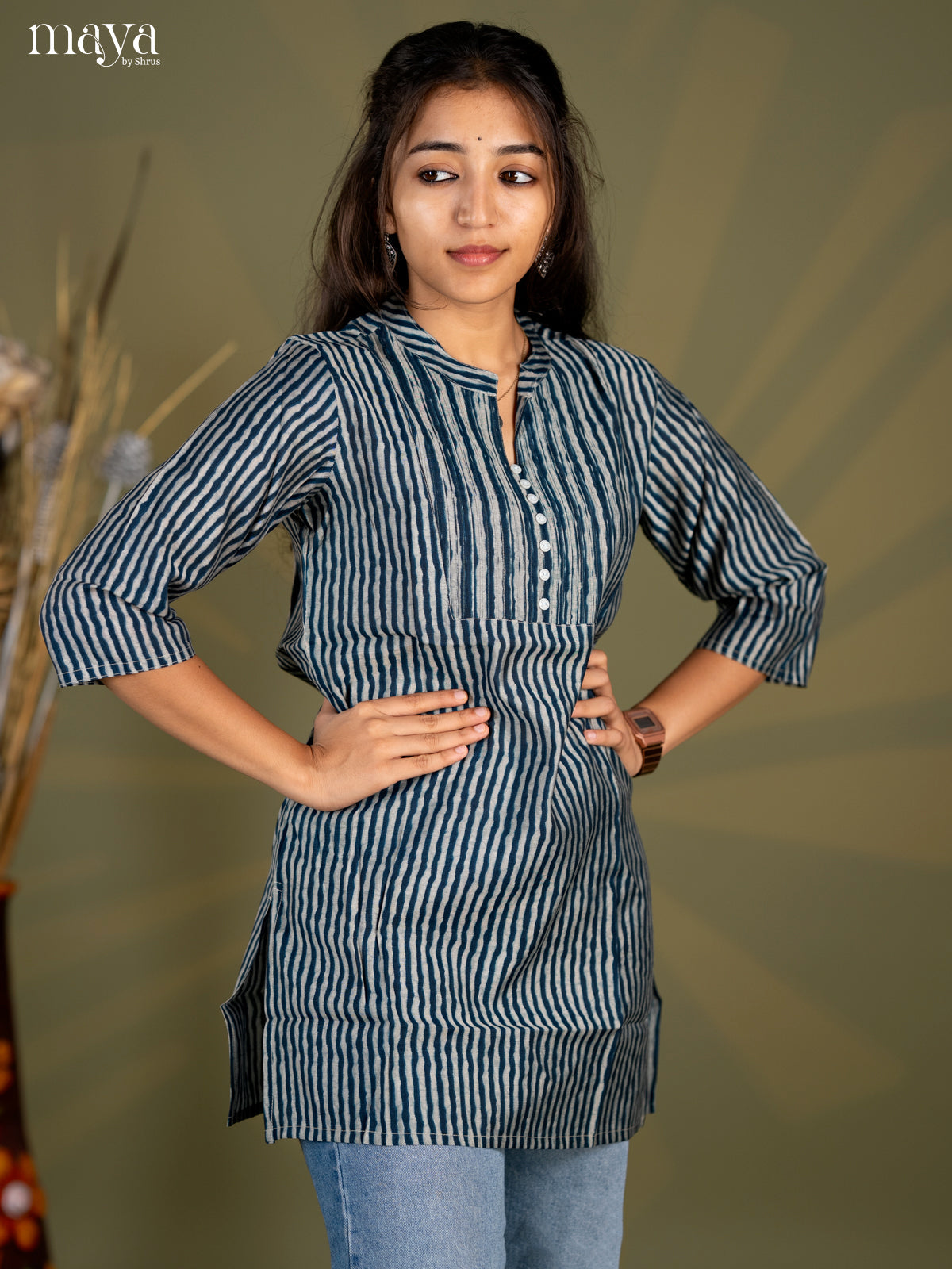 Peacock Blue Strip Printed Cotton Straight Short Kurta