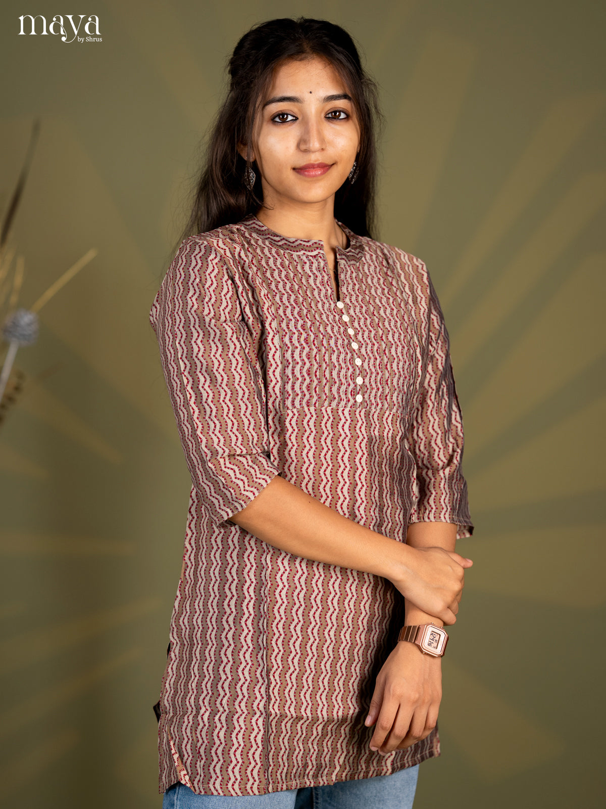 Mehandi Green printed Cotton Straight Short Kurta