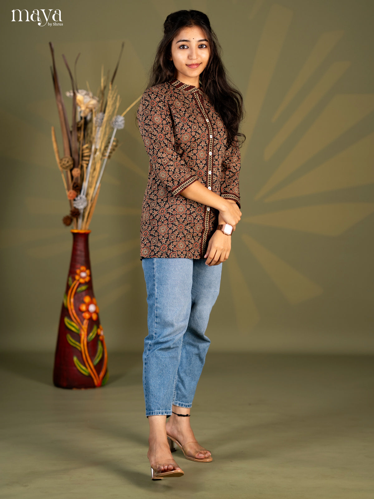 Black Ajrakh Printed Cotton Straight Short Kurta