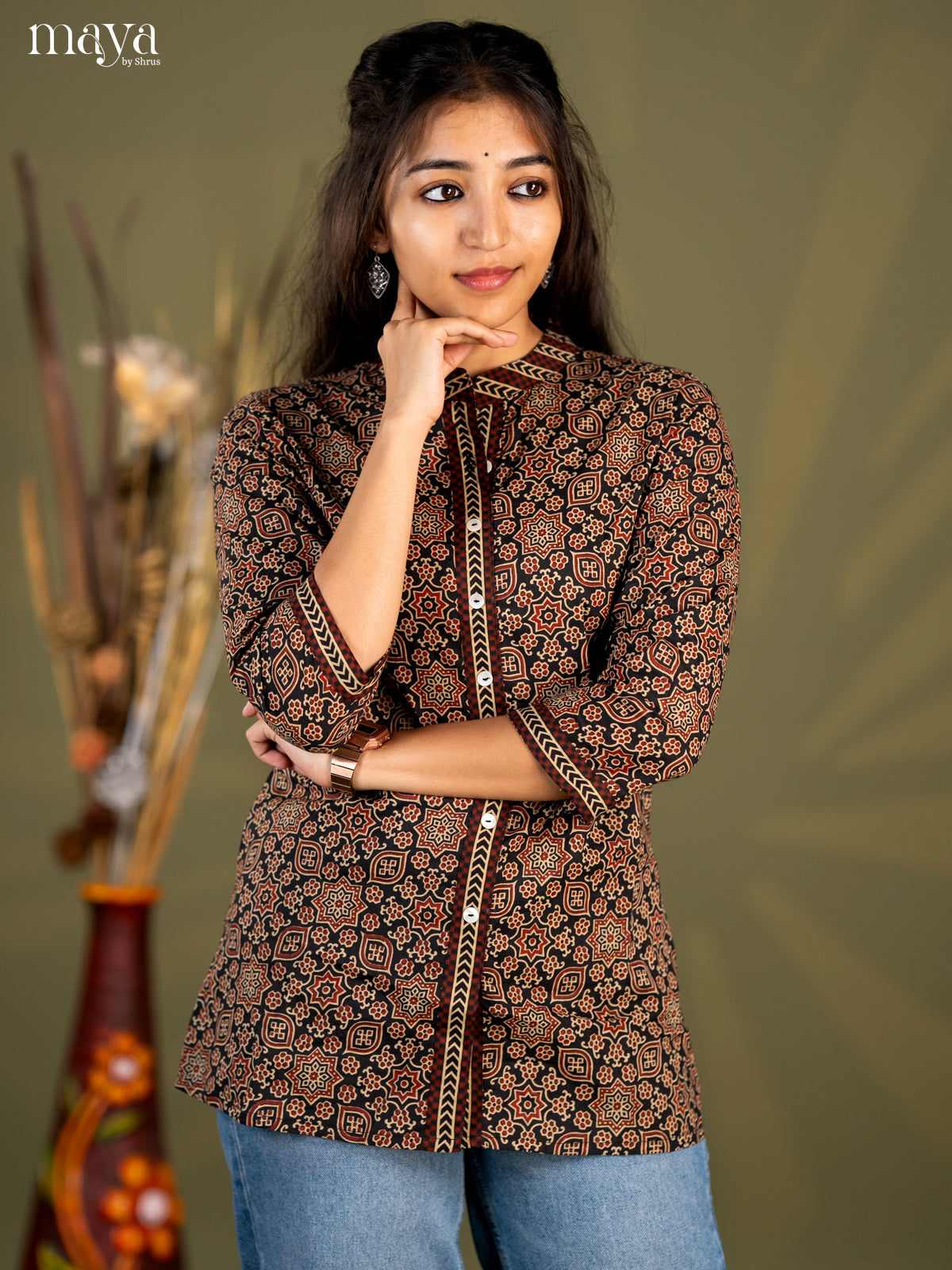 Black Ajrakh Printed Cotton Straight Short Kurta