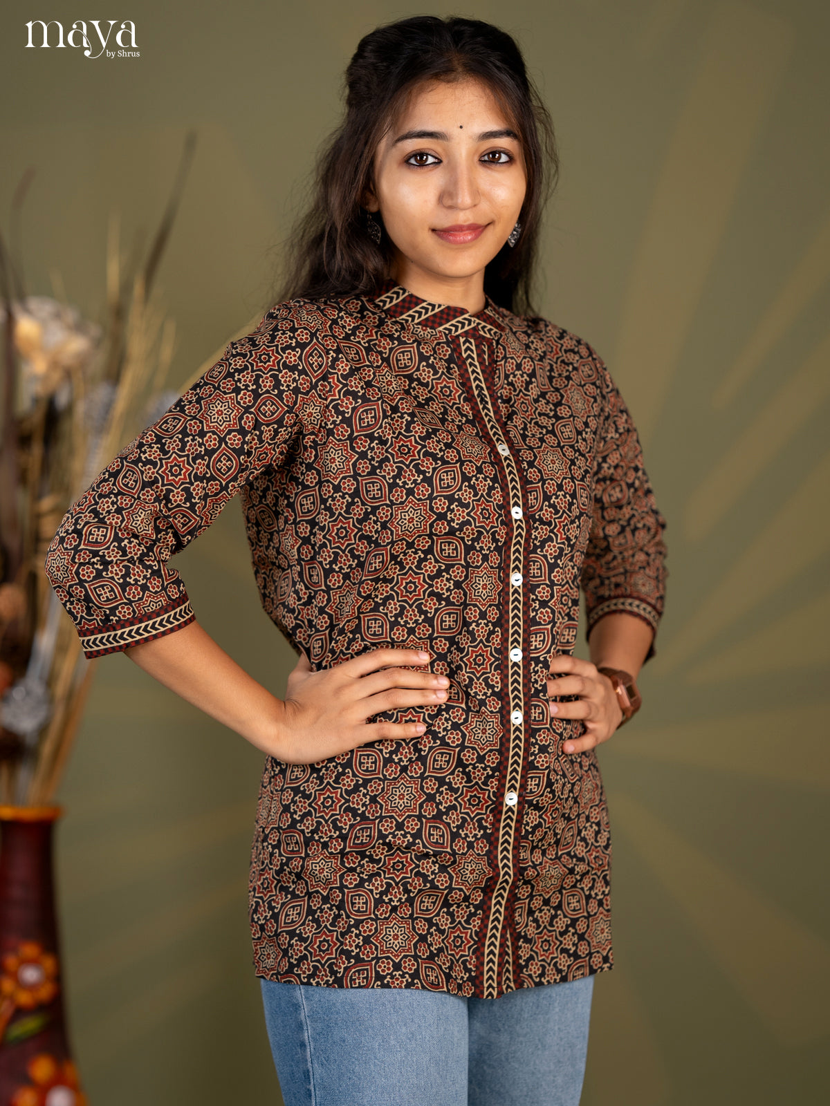 Black Ajrakh Printed Cotton Straight Short Kurta