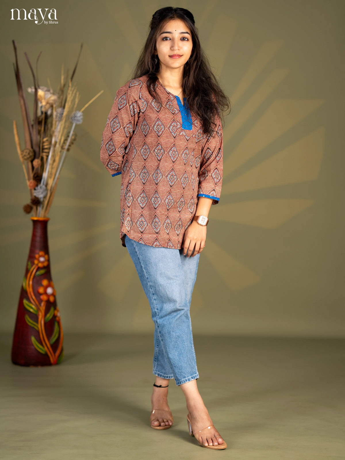 Maroon Geometric Printed Cotton Straight Short Kurta