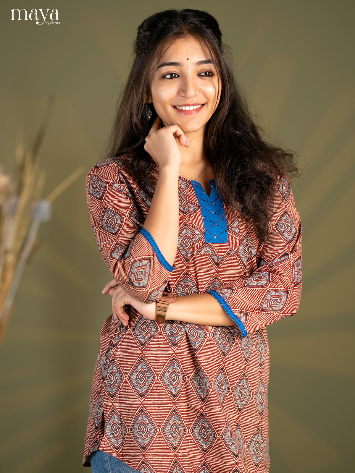 Maroon Geometric Printed Cotton Straight Short Kurta