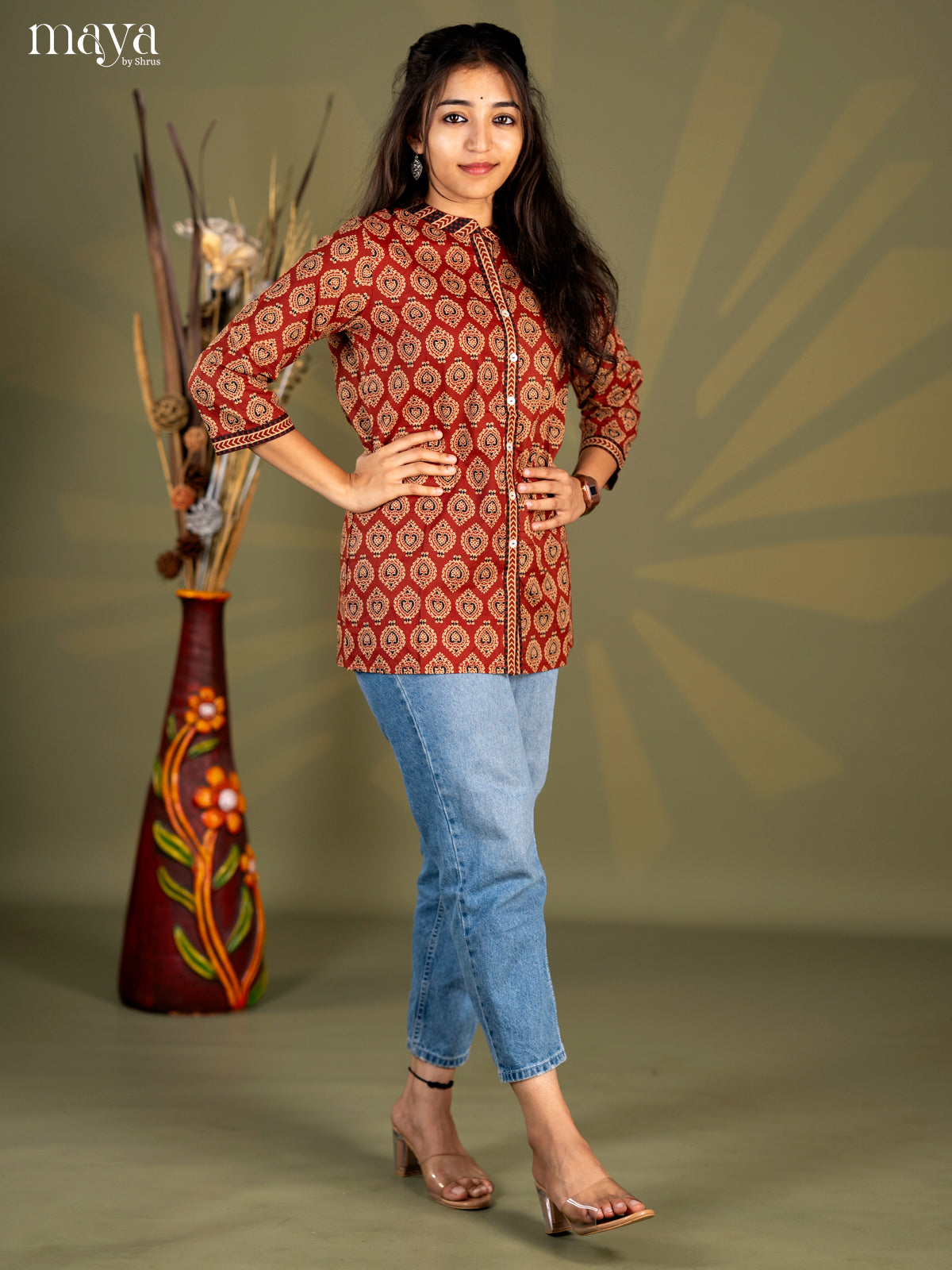 Brown Ajrakh Printed Cotton Straight Short Kurta