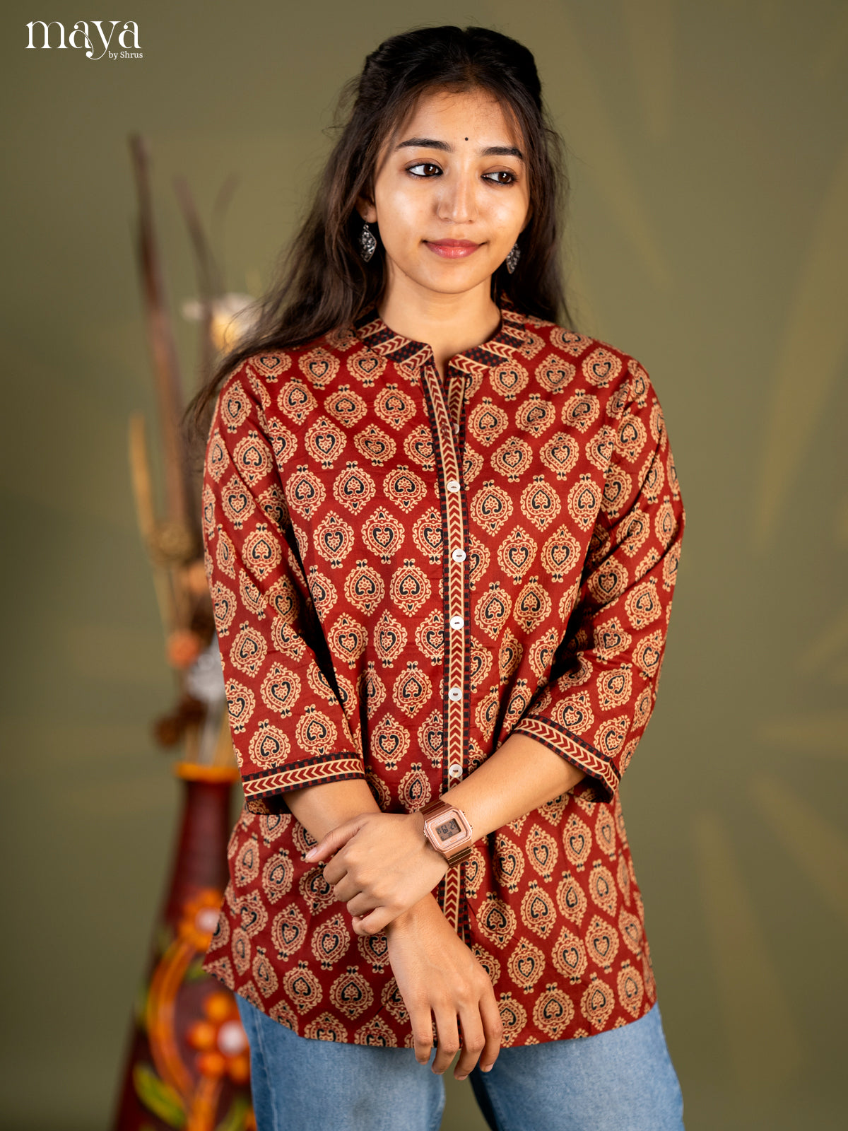 Brown Ajrakh Printed Cotton Straight Short Kurta