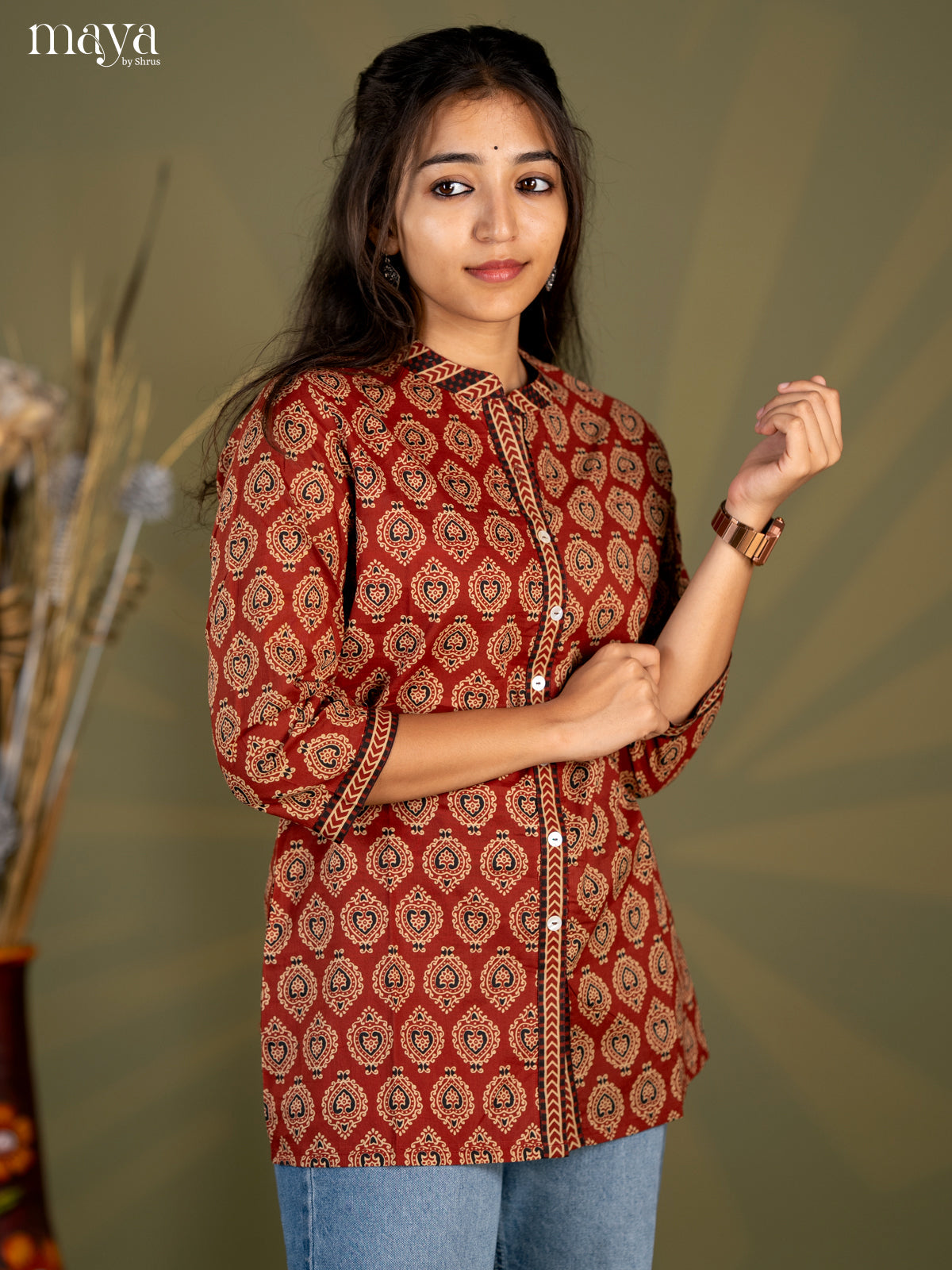 Brown Ajrakh Printed Cotton Straight Short Kurta
