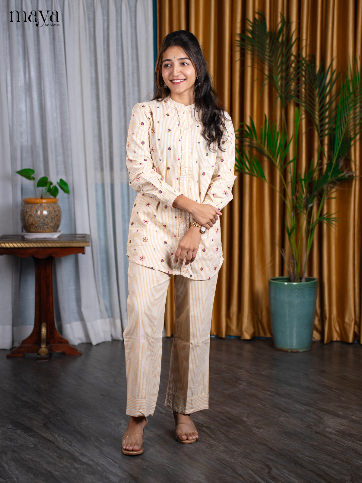 Cream Cotton 2pc Embroidered Salwar Suit - Top & Bottom