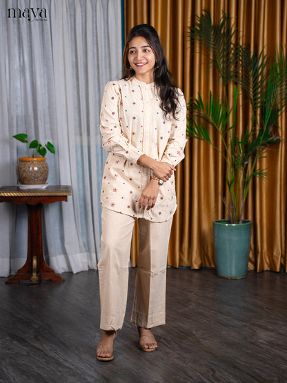 Cream Cotton 2pc Embroidered Salwar Suit - Top & Bottom