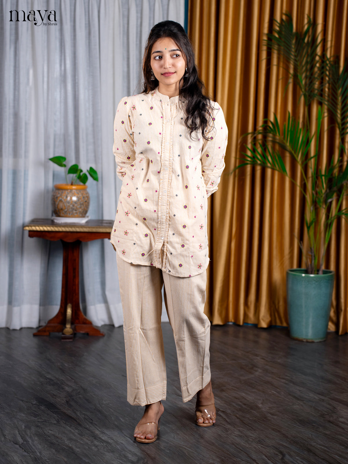 Cream Cotton 2pc Embroidered Salwar Suit - Top & Bottom