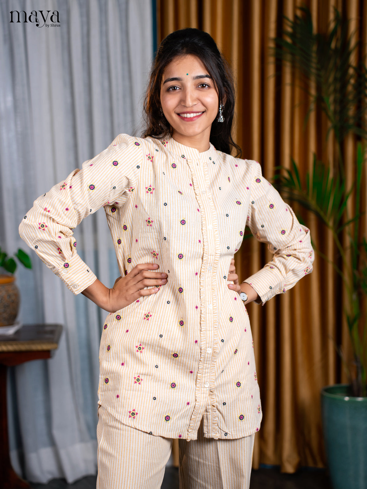 Cream Cotton 2pc Embroidered Salwar Suit - Top & Bottom