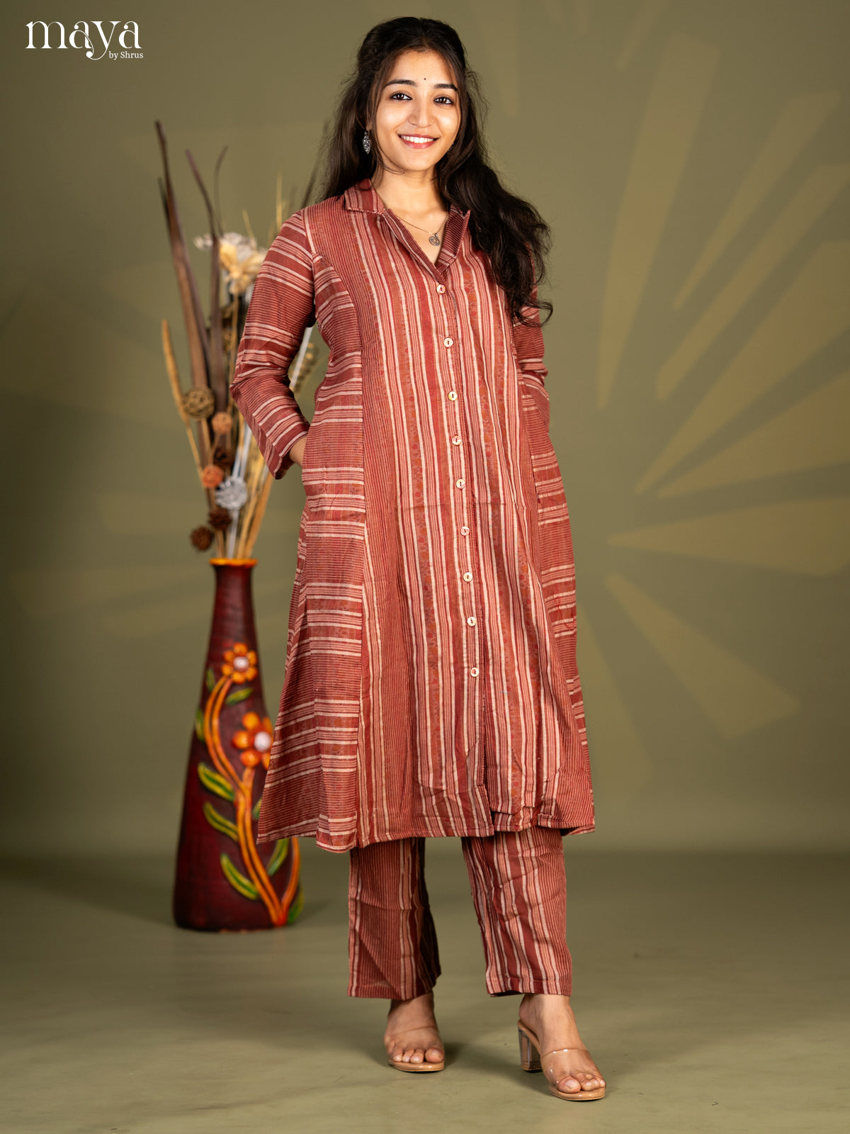Brown Cotton 2pc Stripe Print Salwar Suit - Top & Bottom