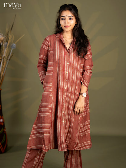 Brown Cotton 2pc Stripe Print Salwar Suit - Top & Bottom