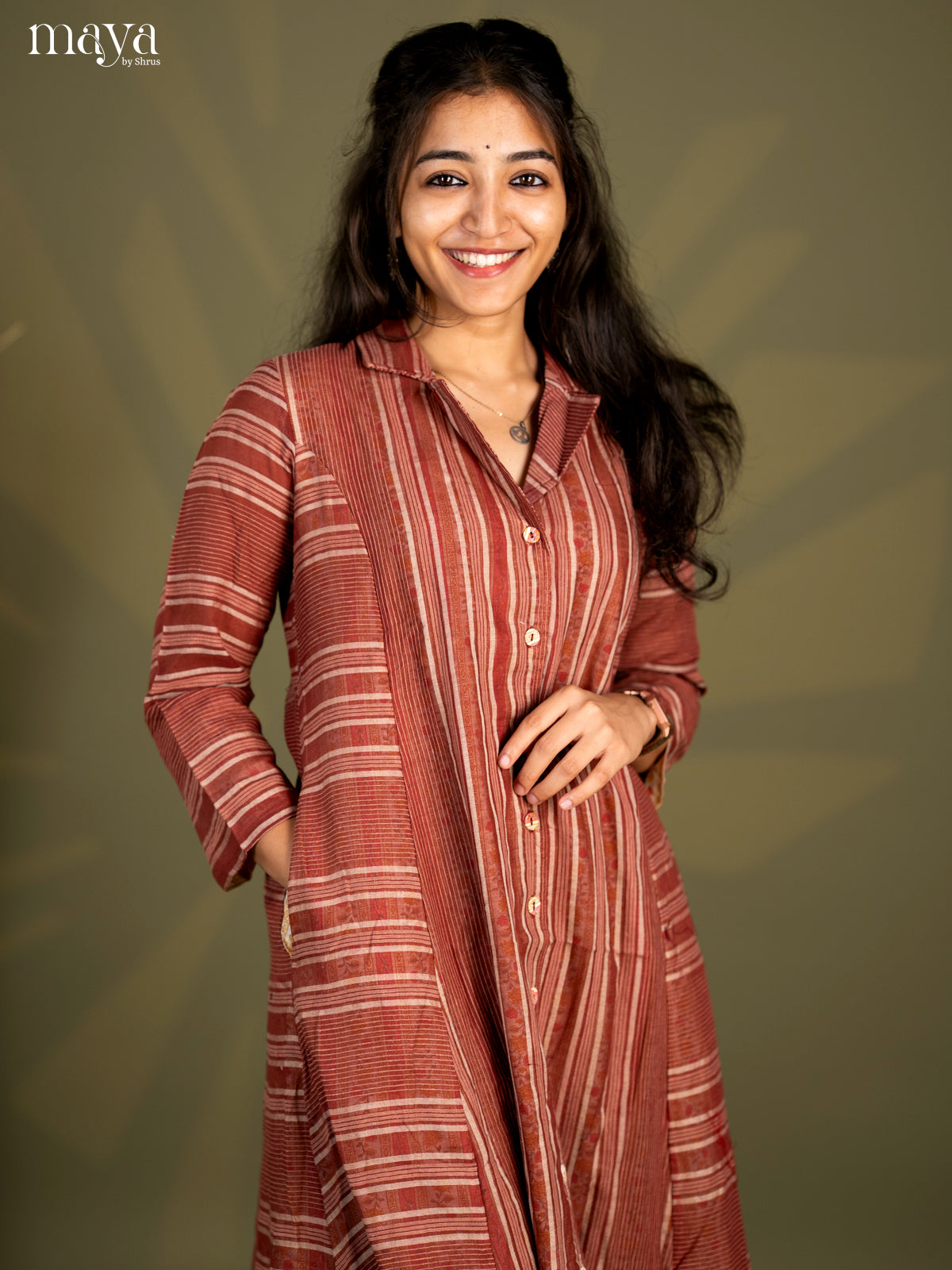 Brown Cotton 2pc Stripe Print Salwar Suit - Top & Bottom