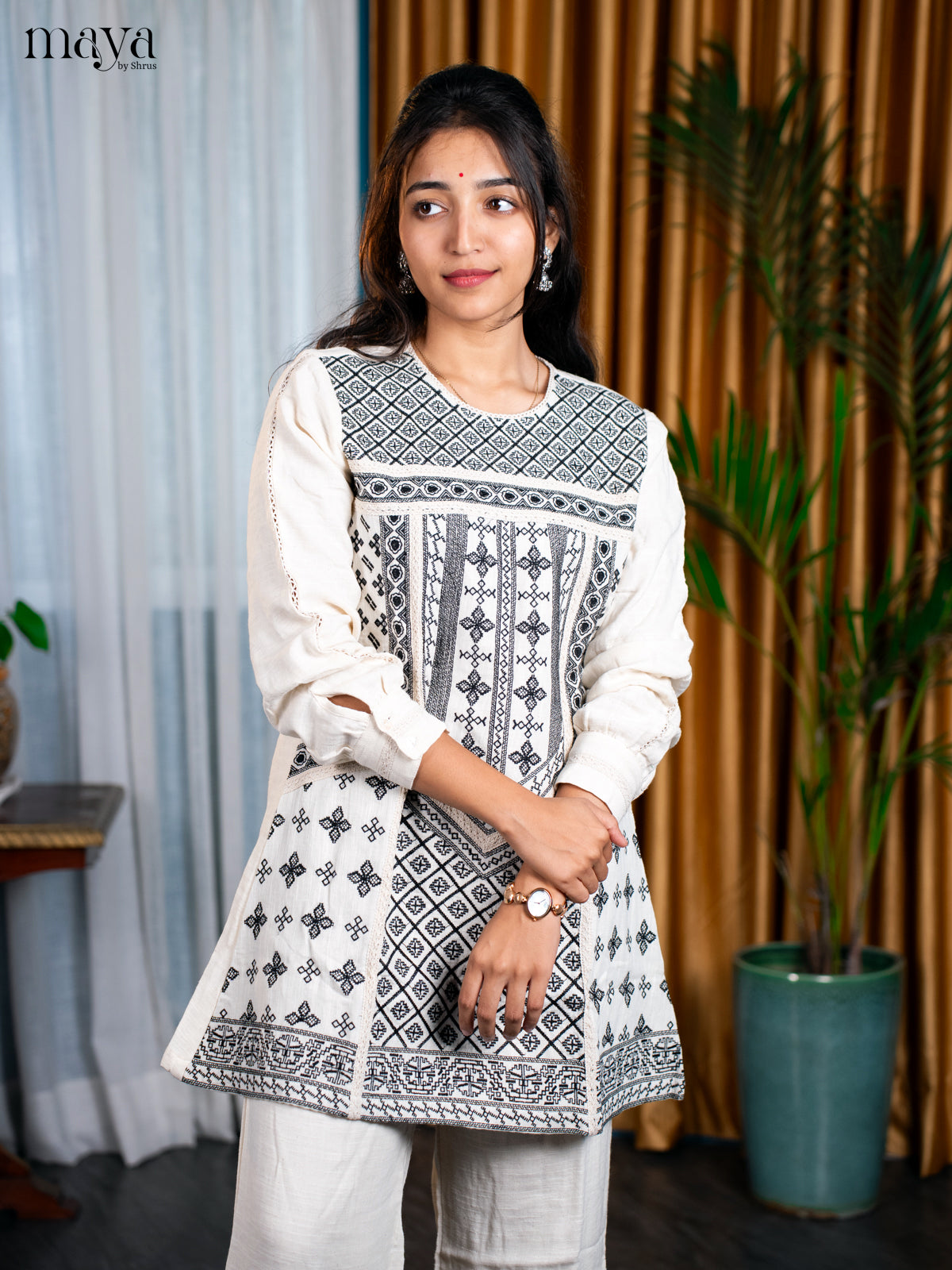 Cream Cotton 2pc Embroidered Salwar Suit - Top & Bottom