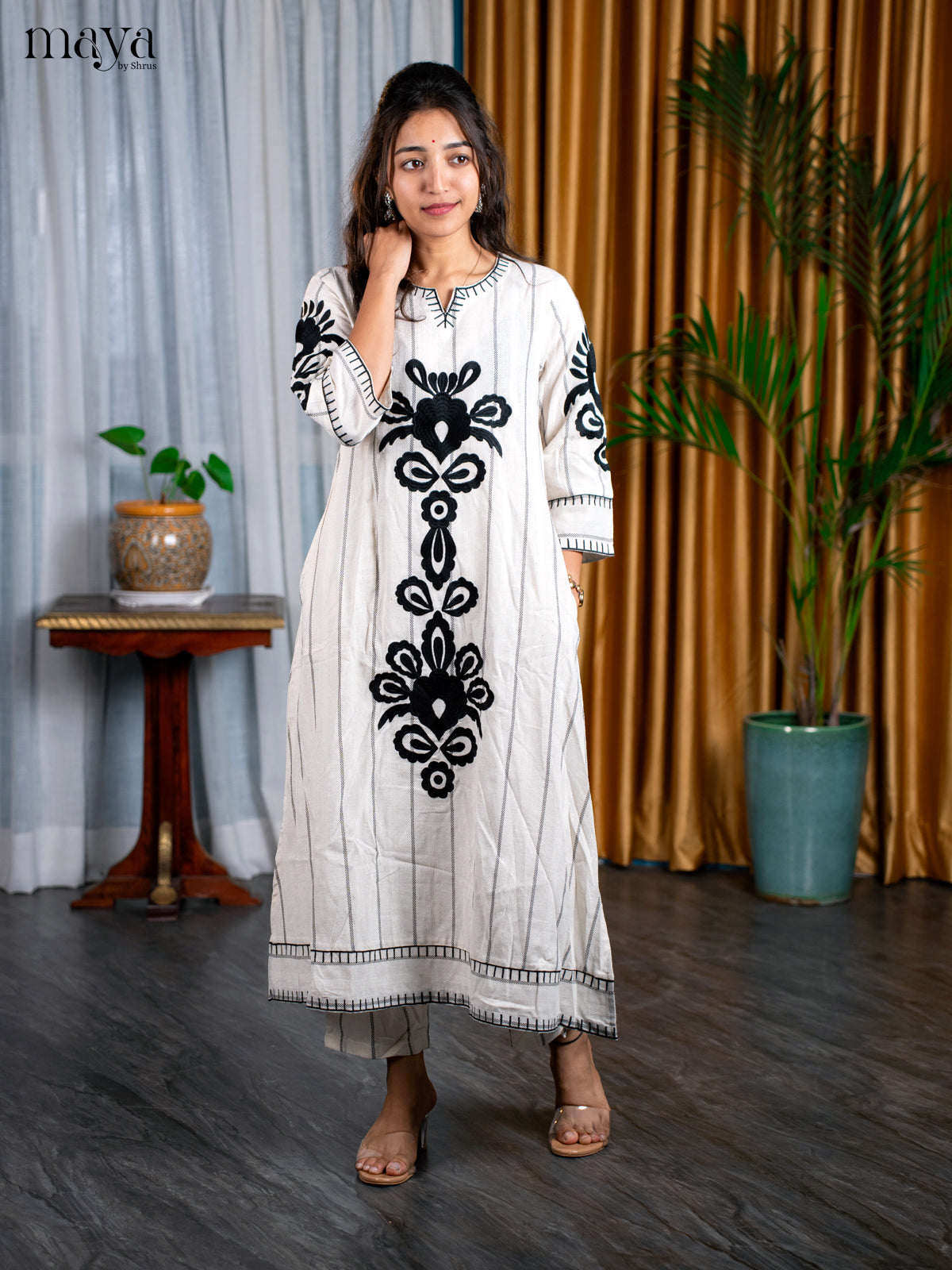 Off white with Black Cotton 2pc Embroidered Salwar Suit - Top & Bottom