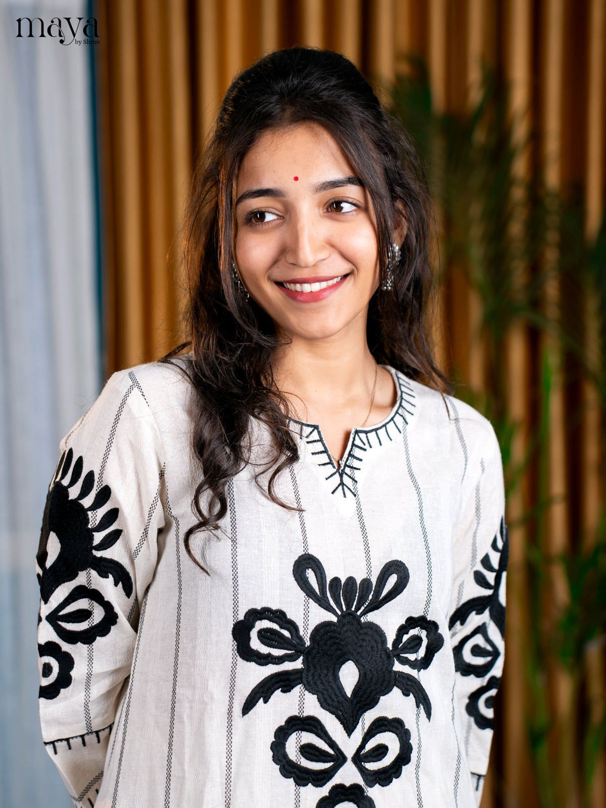 Off white with Black Cotton 2pc Embroidered Salwar Suit - Top & Bottom