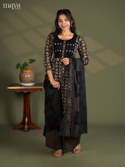 Black Cotton 2pc Embroidered Mirror work Salwar Suit - Top & Bottom