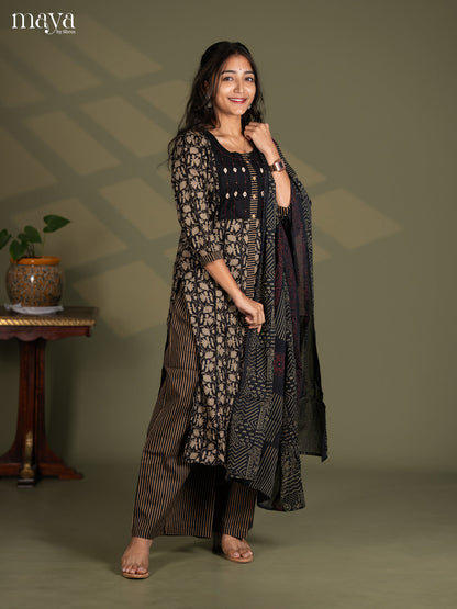Black Cotton 2pc Embroidered Mirror work Salwar Suit - Top & Bottom
