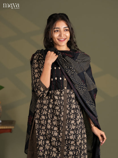 Black Cotton 2pc Embroidered Mirror work Salwar Suit - Top & Bottom