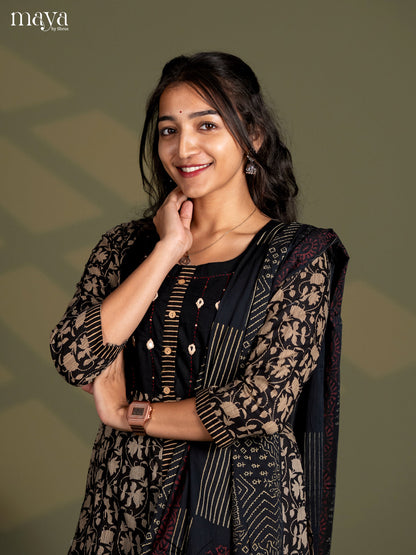 Black Cotton 2pc Embroidered Mirror work Salwar Suit - Top & Bottom
