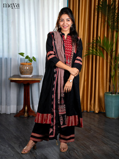 Black Cotton 3pc Salwar Suit with Floral Print - Top, Bottom & Dupatta