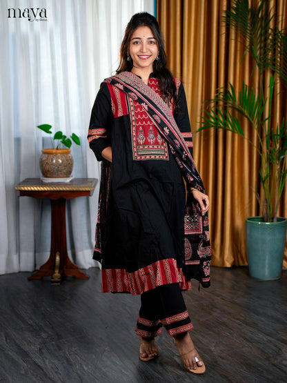 Black Cotton 3pc Salwar Suit with Floral Print - Top, Bottom & Dupatta
