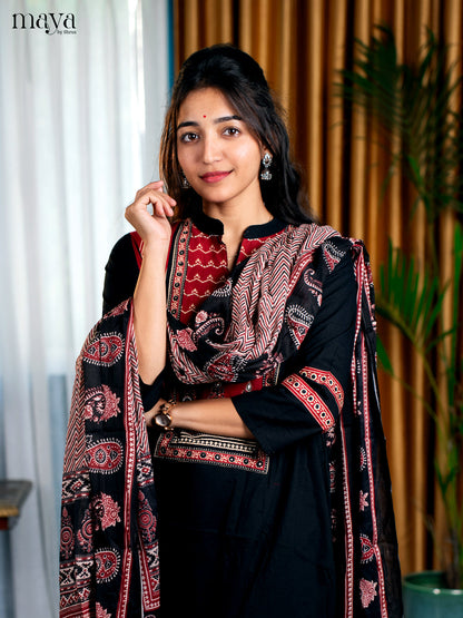 Black Cotton 3pc Salwar Suit with Floral Print - Top, Bottom & Dupatta
