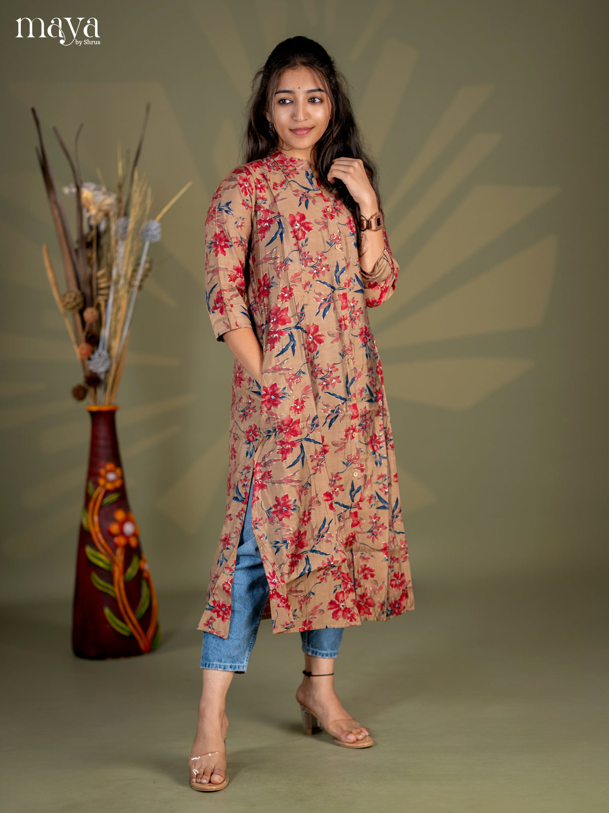 Sandal Floral Printed Rayon A - Line Kurti