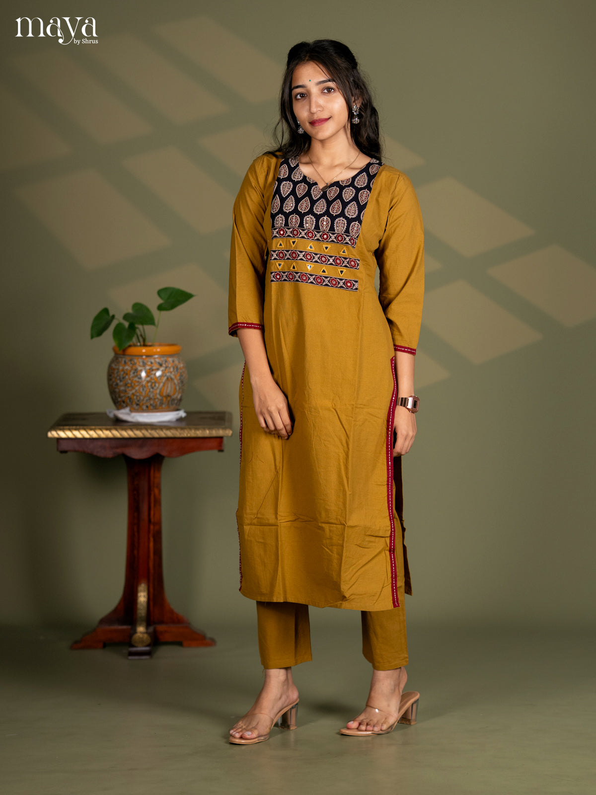 Mehendi Green Cotton 2pc Ajrakh Print Salwar Suit - Top & Bottom