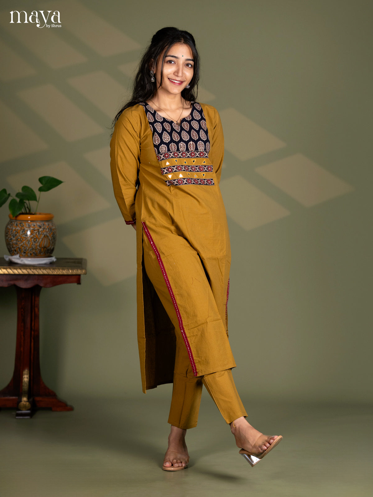 Mehendi Green Cotton 2pc Ajrakh Print Salwar Suit - Top & Bottom