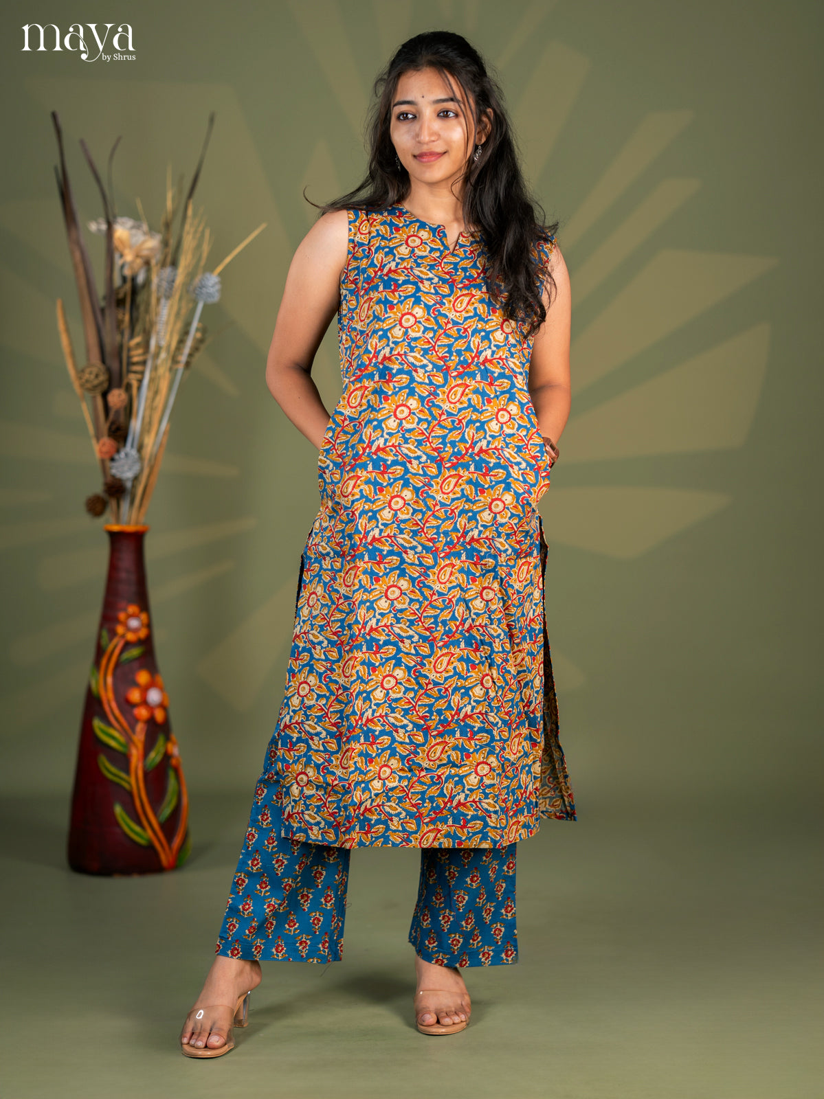 Peacock Blue Cotton 2pc Kalamkari Print Salwar Suit - Top & Bottom