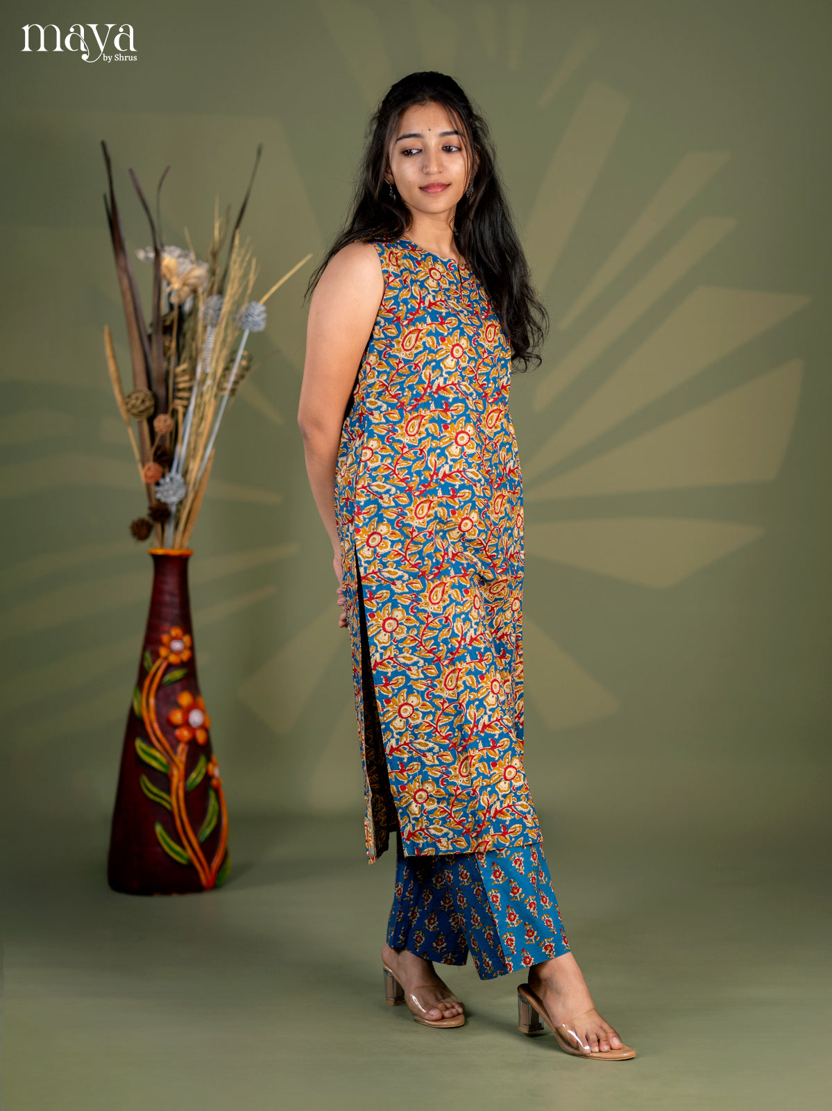 Peacock Blue Cotton 2pc Kalamkari Print Salwar Suit - Top & Bottom