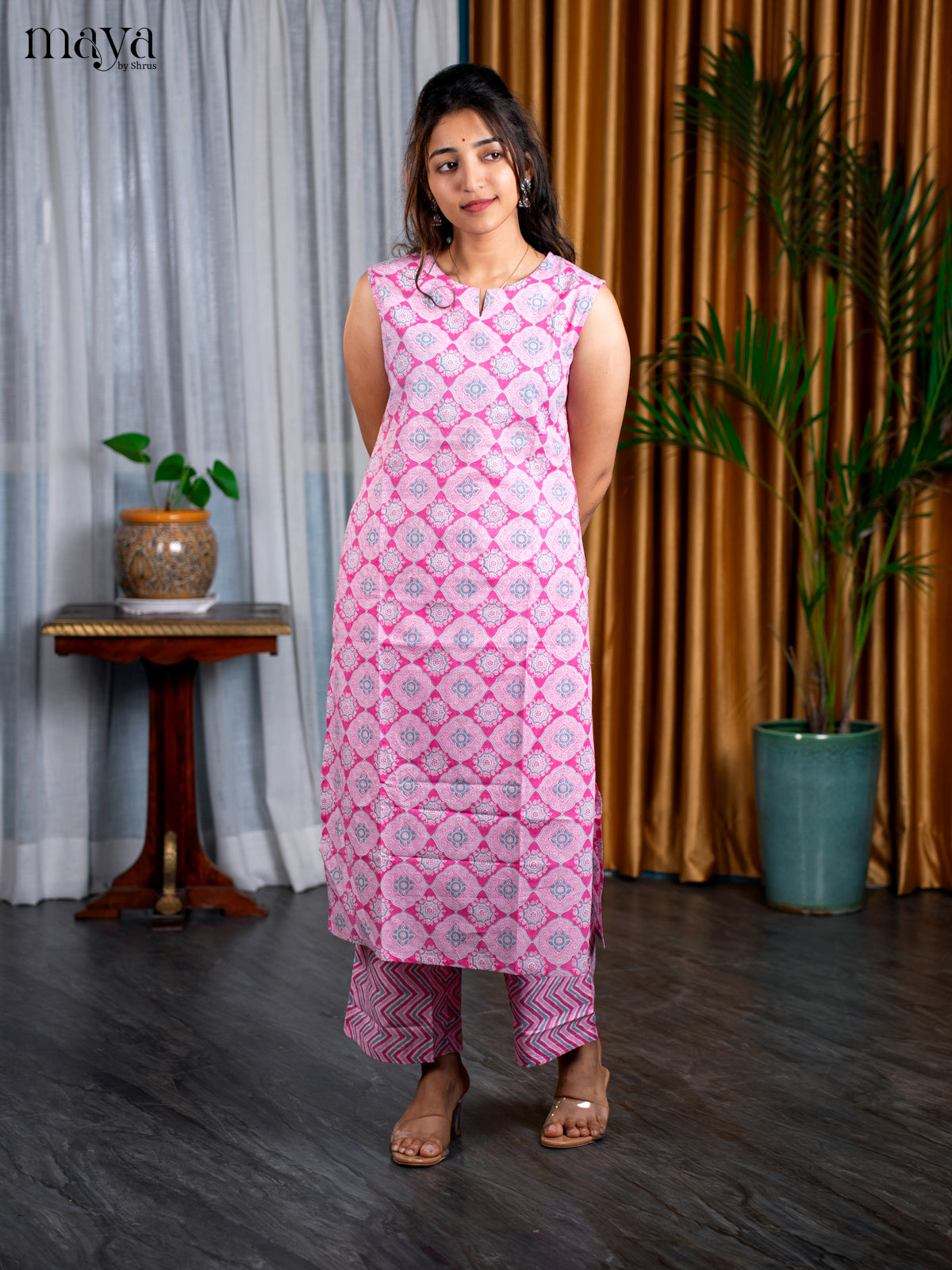 Pink Cotton 2pc Ajrakh Print Salwar Suit - Top & Bottom