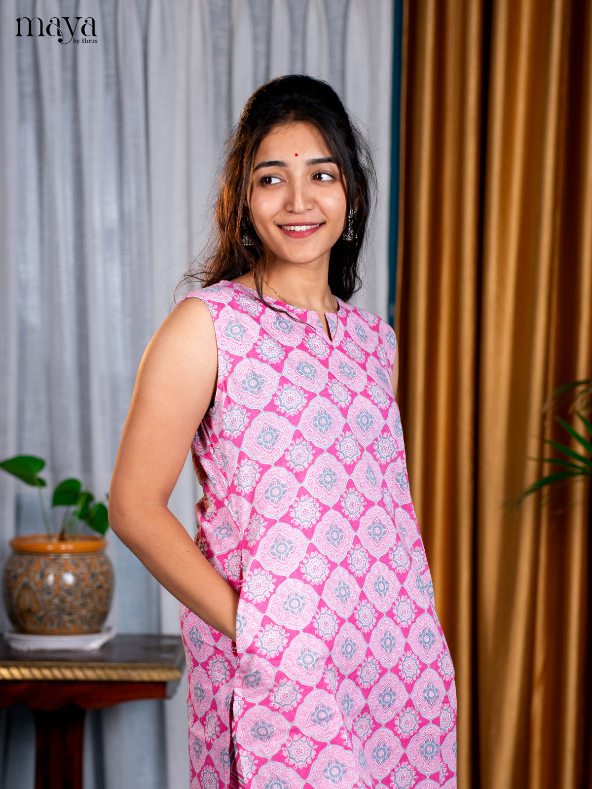 Pink Cotton 2pc Ajrakh Print Salwar Suit - Top & Bottom