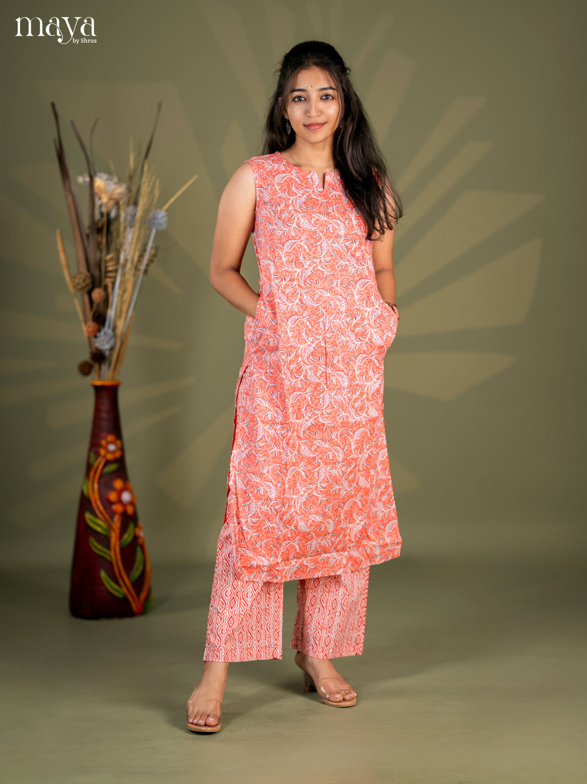 Peach Cotton 2pc Floral Print Salwar Suit - Top & Bottom
