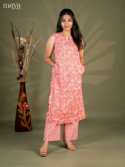 Peach Cotton 2pc Floral Print Salwar Suit - Top & Bottom