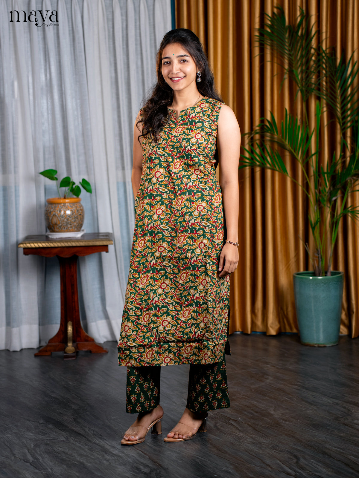 Green Cotton 2pc Floral Print Salwar Suit - Top & Bottom
