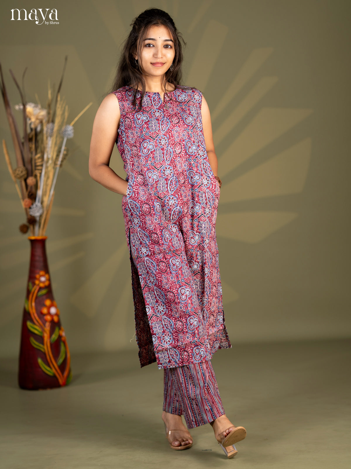 Purple Cotton 2pc Ajrakh Print Salwar Suit - Top & Bottom