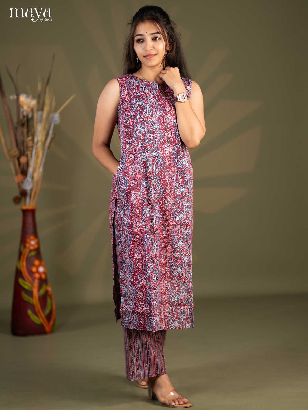 Purple Cotton 2pc Ajrakh Print Salwar Suit - Top & Bottom