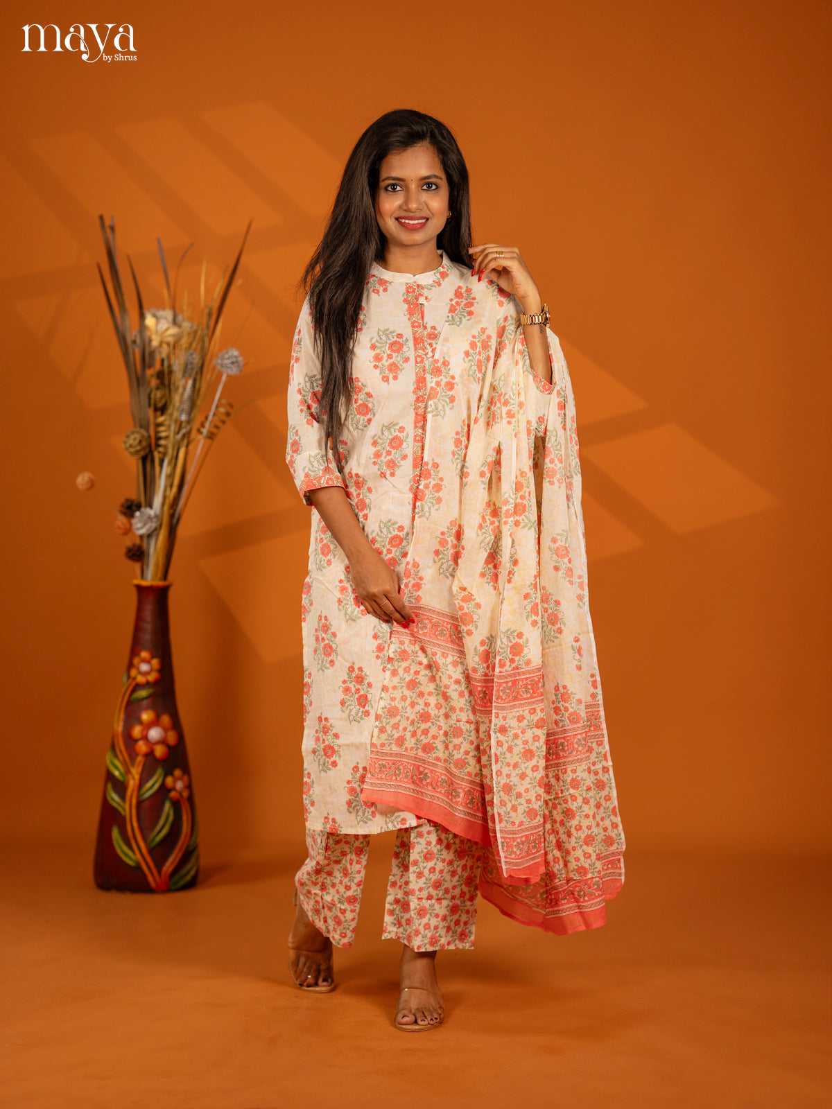 Cream with Orange Cotton 3pc Salwar Suit with Floral Print - Top, Bottom & Dupatta