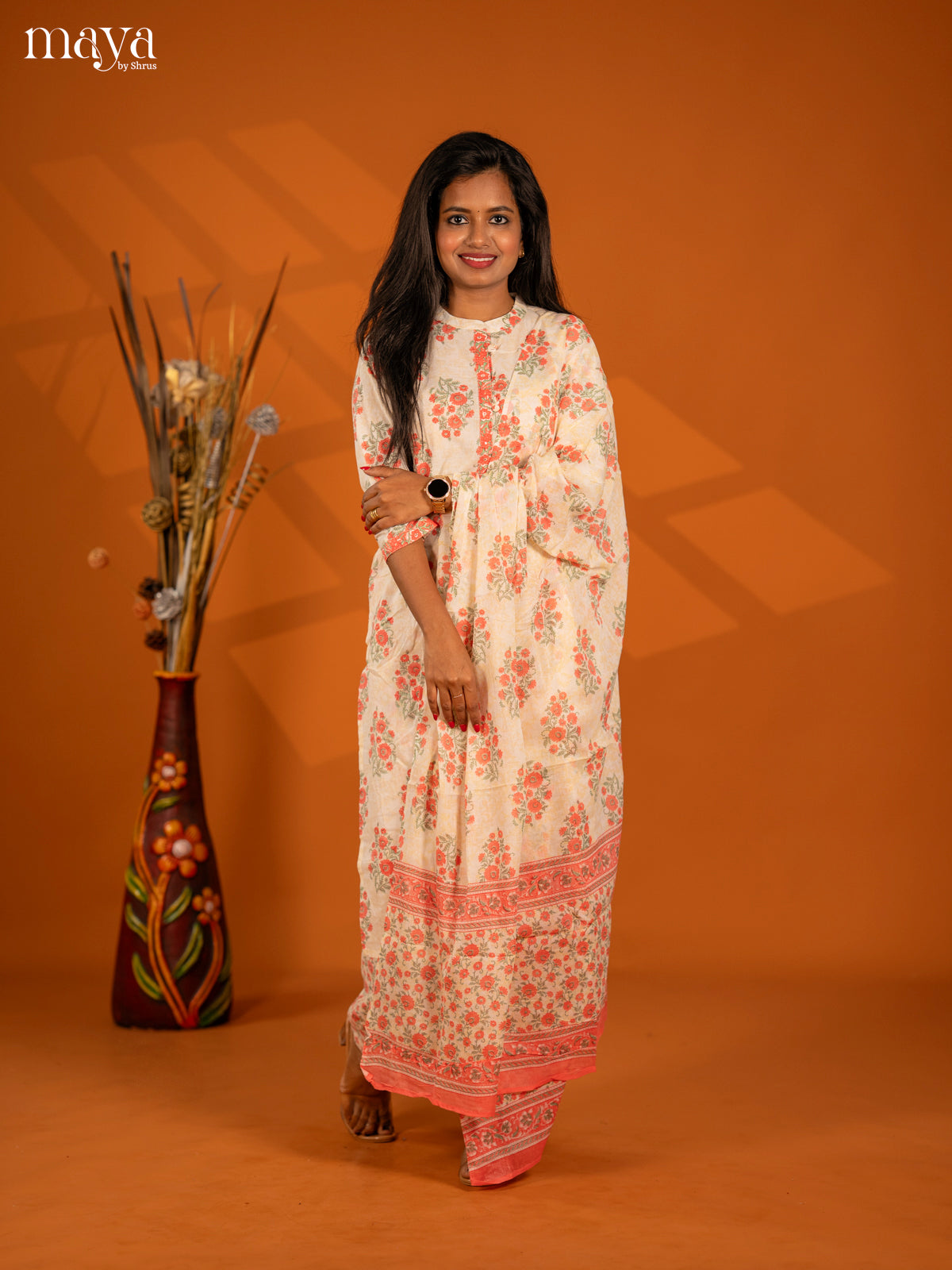 Cream with Orange Cotton 3pc Salwar Suit with Floral Print - Top, Bottom & Dupatta