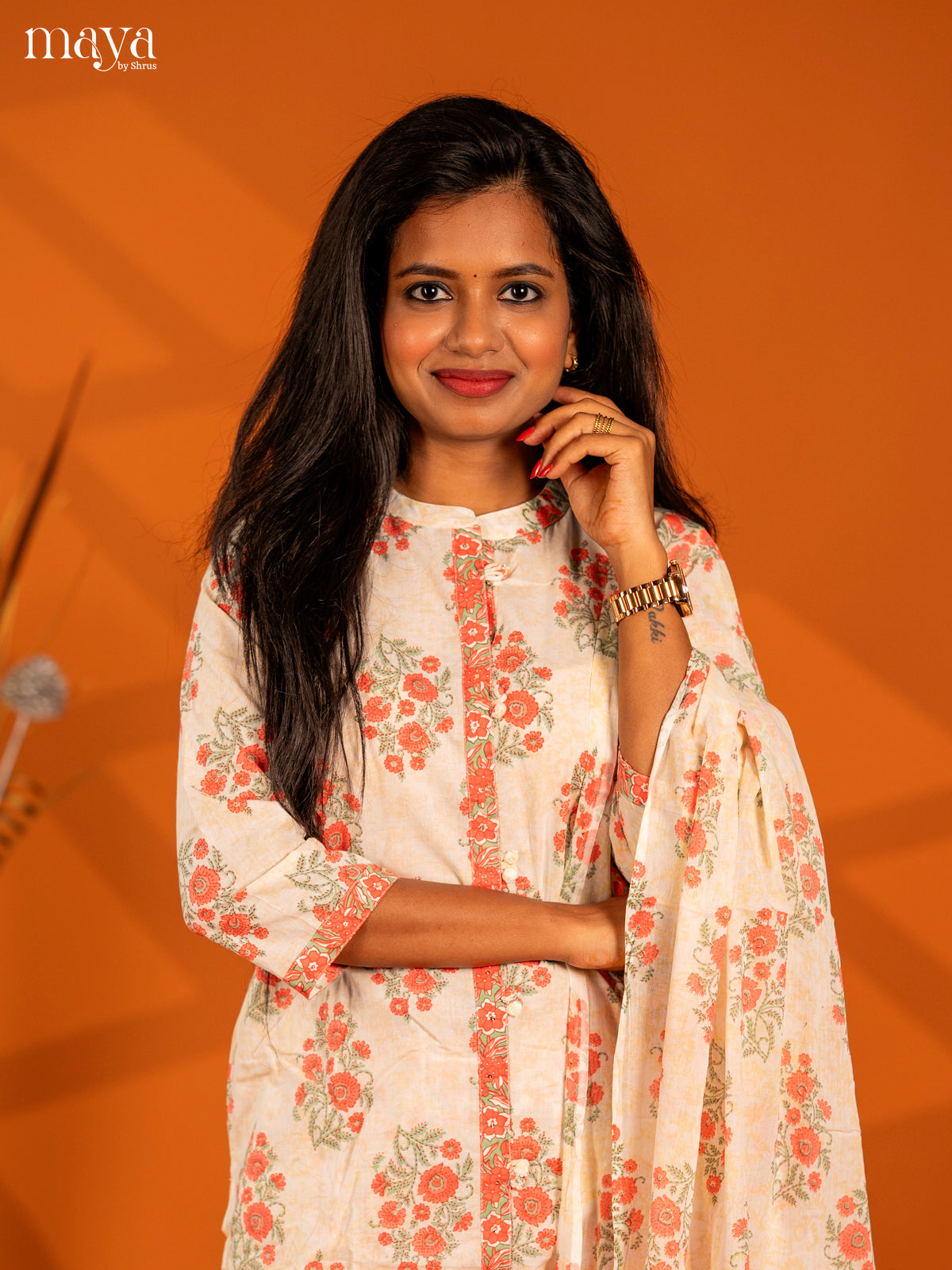 Cream with Orange Cotton 3pc Salwar Suit with Floral Print - Top, Bottom & Dupatta