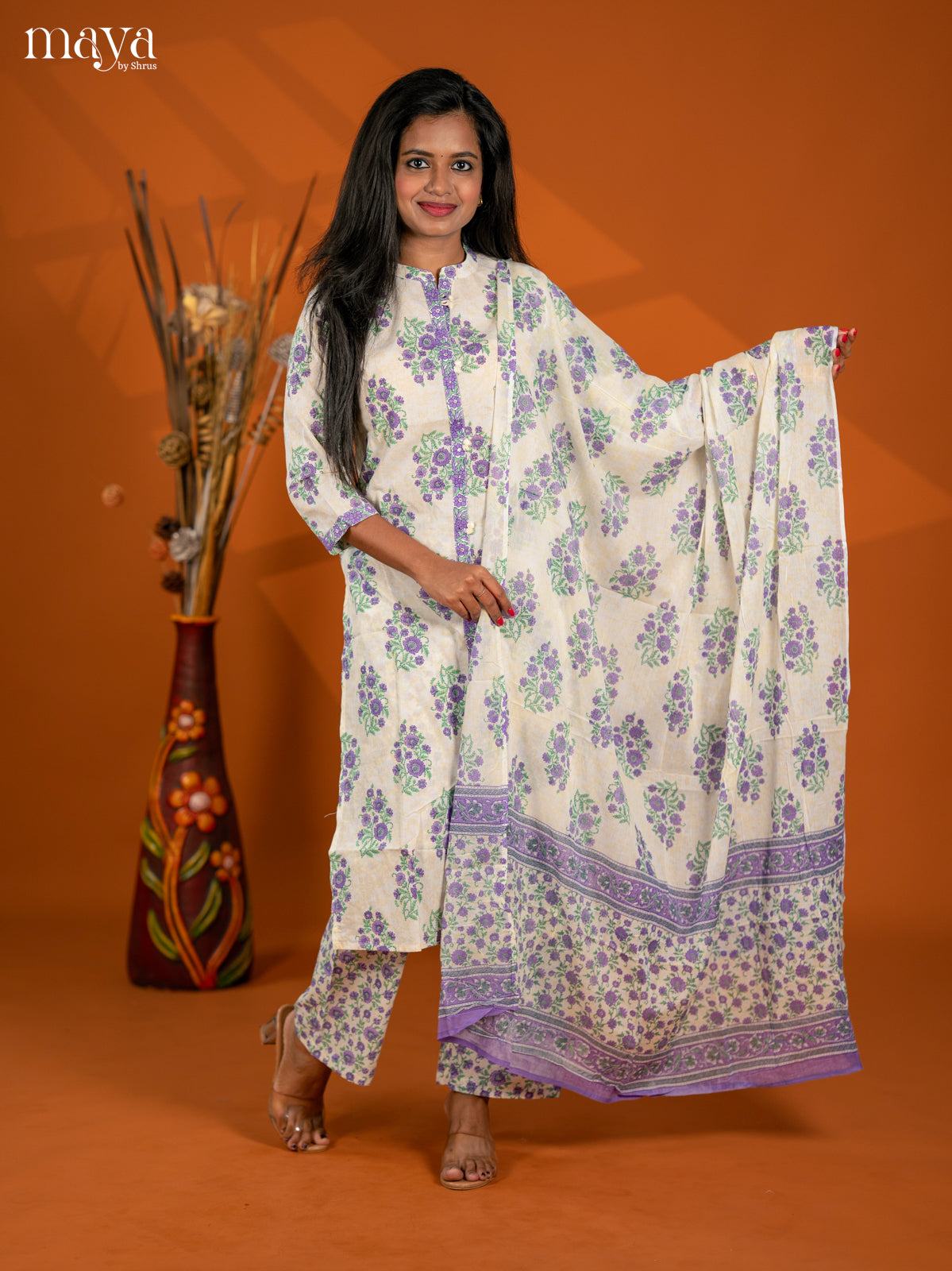 Cream with Orange Cotton 3pc Salwar Suit with Floral Print - Top, Bottom & Dupatta