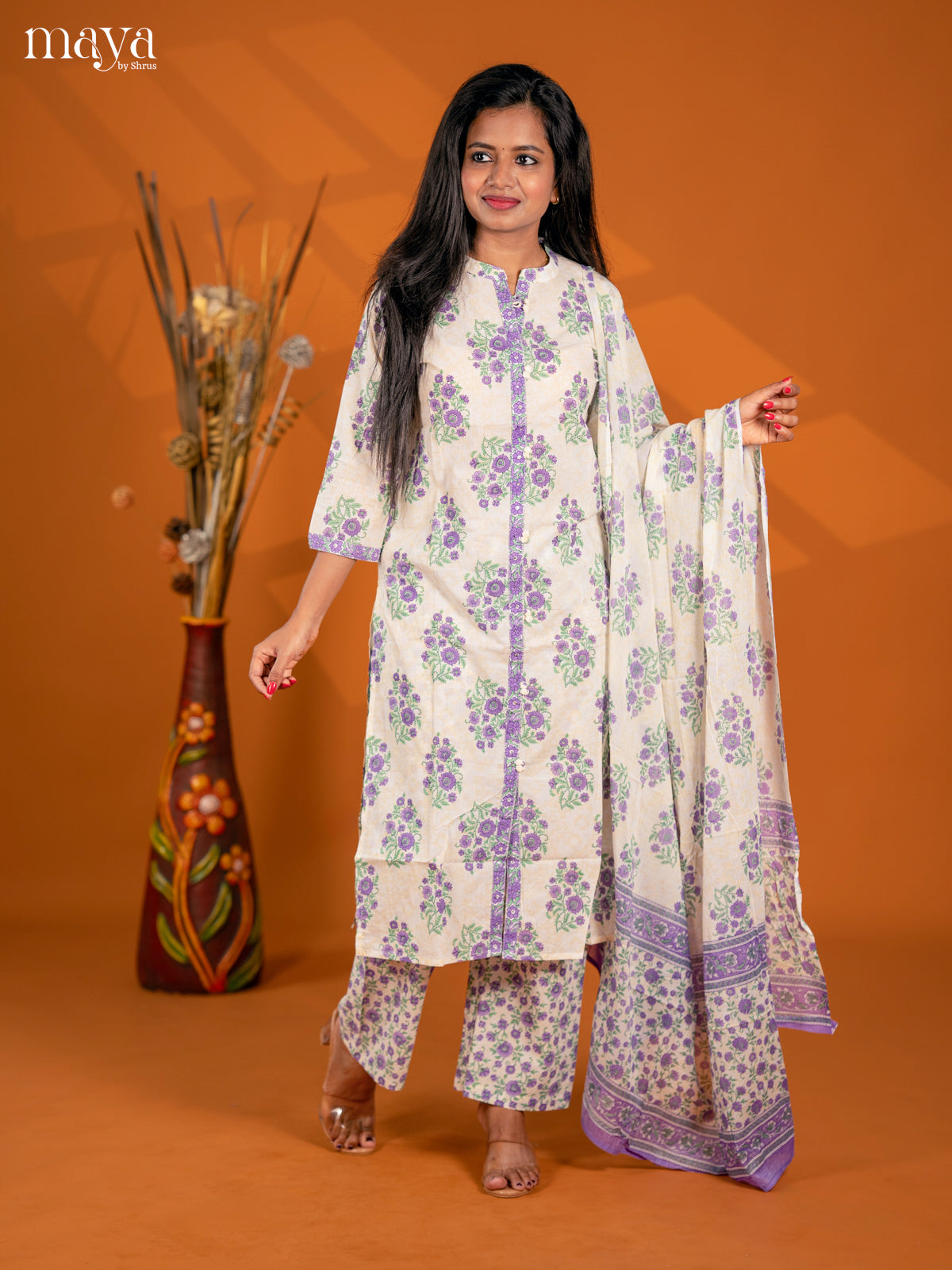 Cream with Orange Cotton 3pc Salwar Suit with Floral Print - Top, Bottom & Dupatta