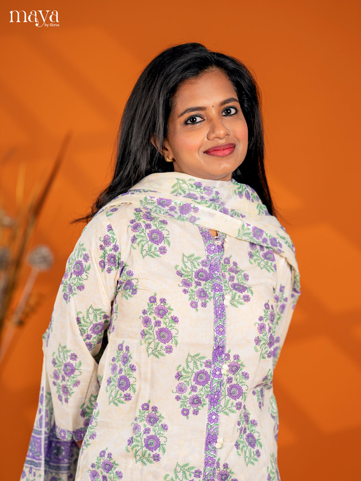 Cream with Orange Cotton 3pc Salwar Suit with Floral Print - Top, Bottom & Dupatta
