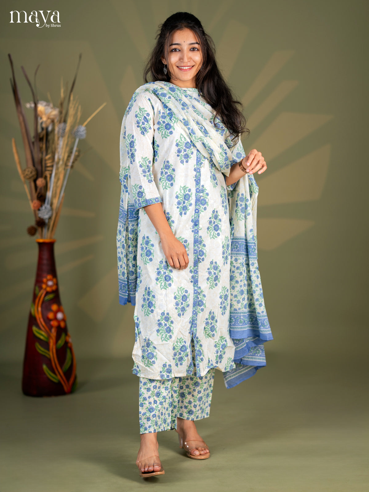 Cream with Blue Cotton 3pc Salwar Suit with Floral Print - Top, Bottom & Dupatta