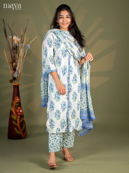 Cream with Blue Cotton 3pc Salwar Suit with Floral Print - Top, Bottom & Dupatta